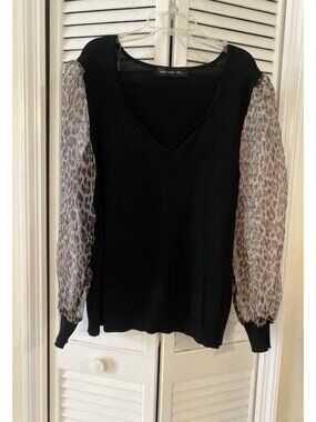 Sweet Halo Womens Top Blouse Animal Print Sheer Long Sleeve Size L Feminine